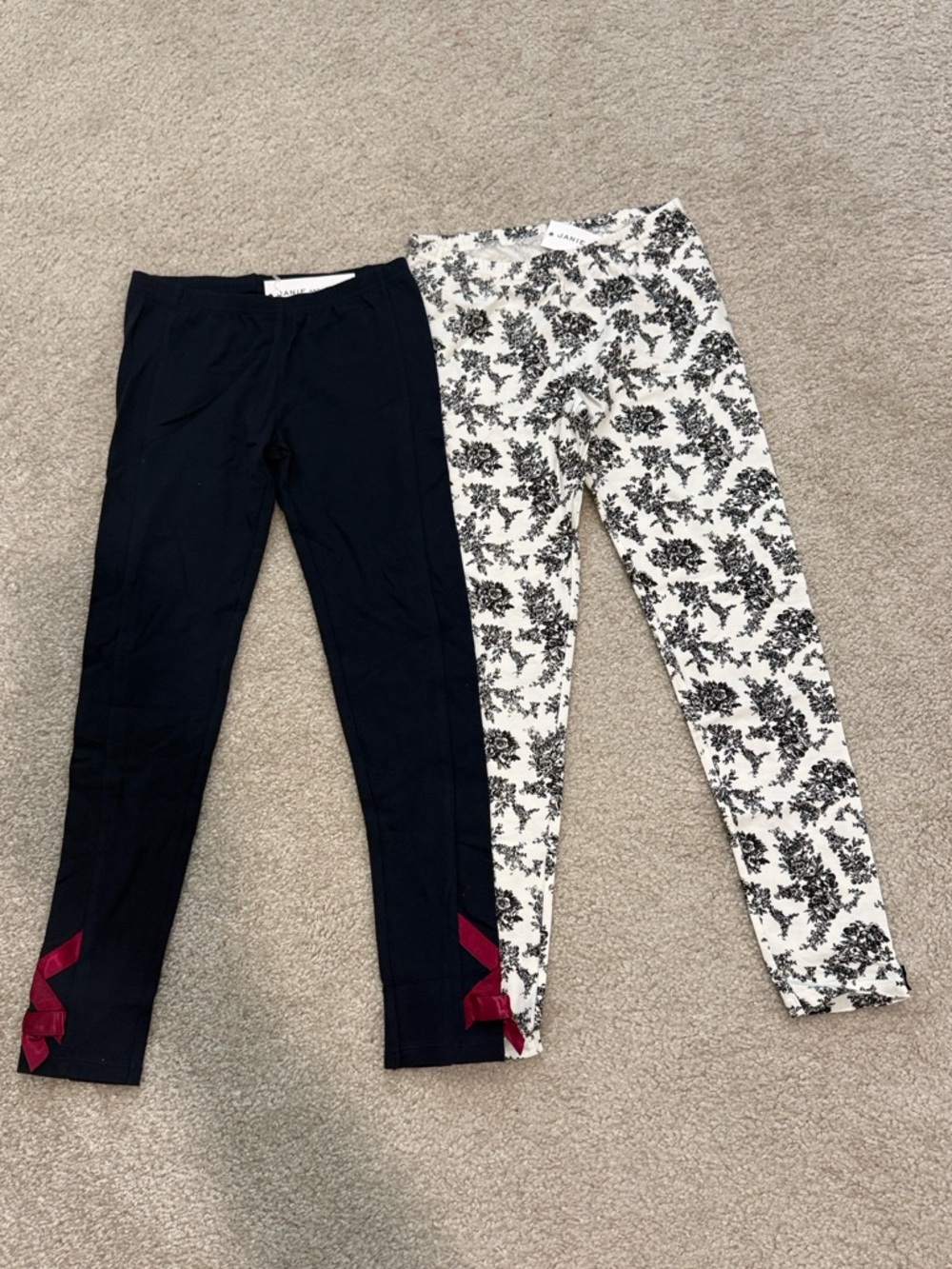 Janie and Jack Navy Leggings with Pink Bow & White Floral Black Print Leggings